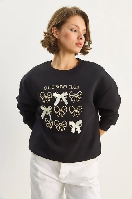 Geribbelde Bedrukte Ronde Hals Lange Mouwen Sweatshirt - Image 3