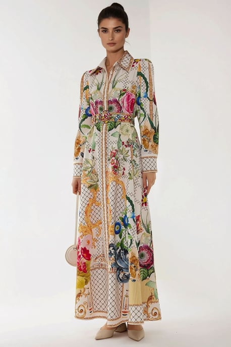 Geprinte Maxi Jurk met Lange Mouwen en Ceintuur - Image 6