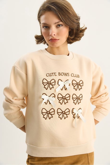 Geribbelde Bedrukte Ronde Hals Lange Mouw Sweatshirt - Image 4