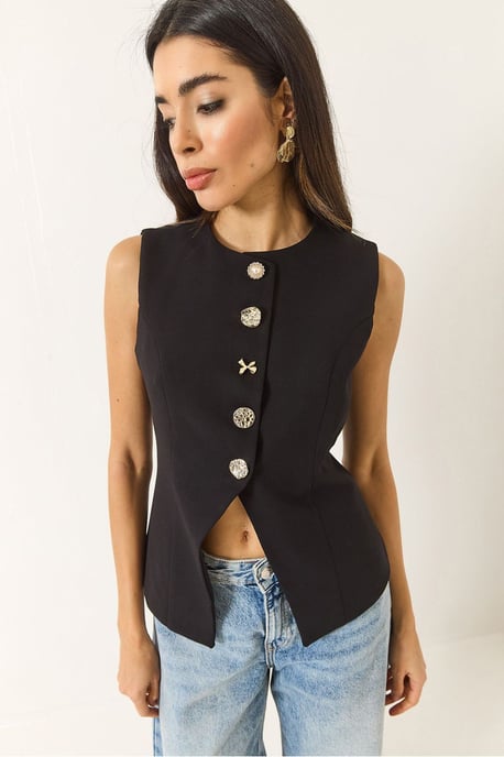 Getailleerde Mouwloze Knopen-Front Vest met Ronde Hals - Image 3
