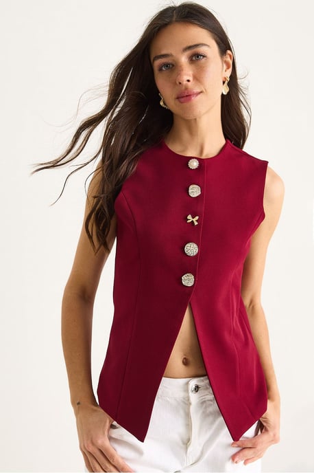 Aansluitende Mouwloze Knopen-Voorkant Gilet met Ronde Hals - Image 1