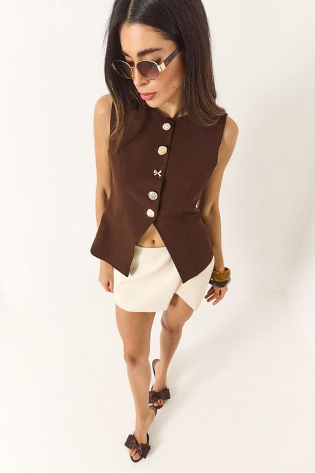Getailleerde Mouwloze Knopsluiting Vest met Ronde Hals - Image 2