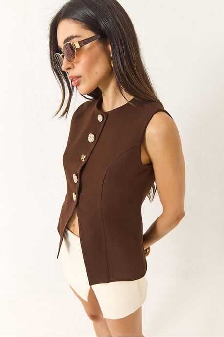 Getailleerde Mouwloze Knopsluiting Vest met Ronde Hals - Image 4
