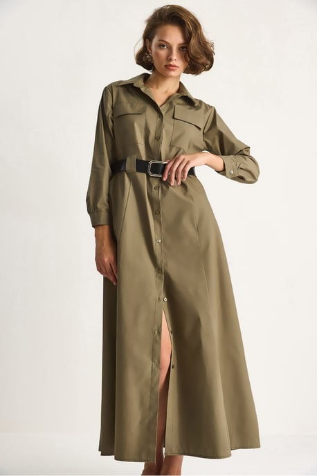 Maxi-jurk met lange mouwen, knoopsluiting en overhemdkraag - Image 1