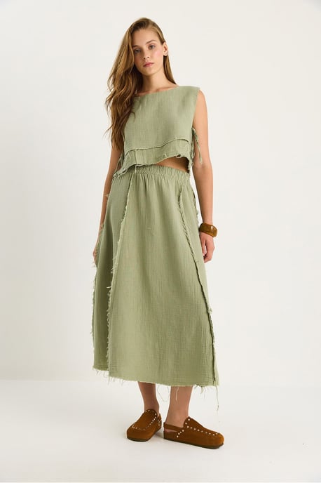Textuur Blouse & Rok Muslin Stof Twee-Delige Set - Image 4