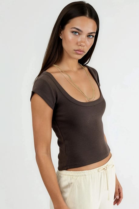 Slim Fit Ribbel U-Hals Blouse - Image 2