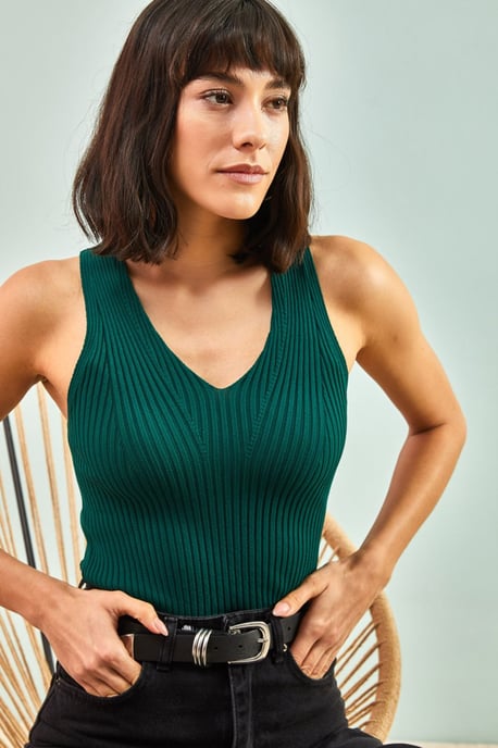 Aangesloten V-hals Geribbelde Cropped Blouse - Image 3