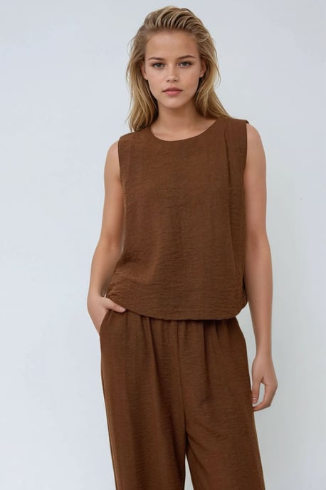 Linnen Voel Blouse & Elastische Taille Broek Tweedelige Coördinatie Set - Image 1
