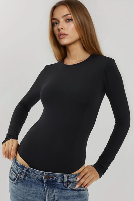 Slim Fit Lange Mouwen Crew Neck Bodysuit met Drukknoopjes - Image 1