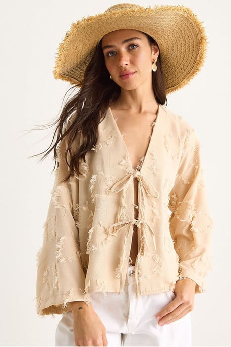 Geborduurde V-hals Textuur Kimono met Rimpels - Image 1