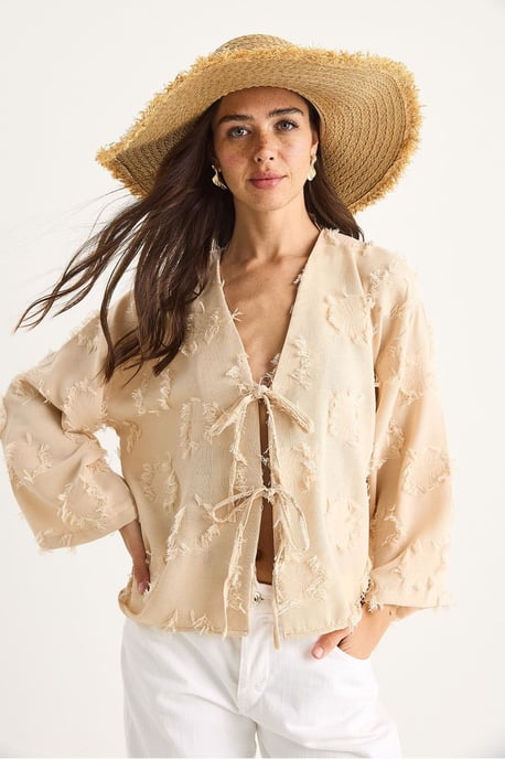 Geborduurde V-hals Textuur Kimono met Rimpels - Image 2
