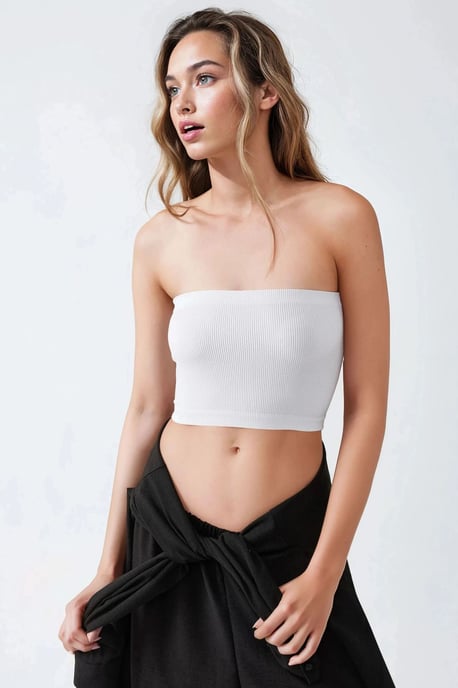 Slim Fit Strapless Geribde Cropped Top - Image 2