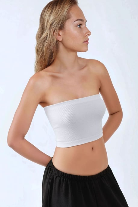 Slim Fit Strapless Geribde Cropped Top - Image 3