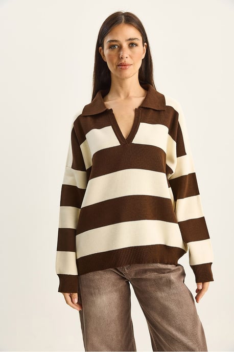 Gestreepte V-hals Lange Mouwen Pullover Trui - Image 2