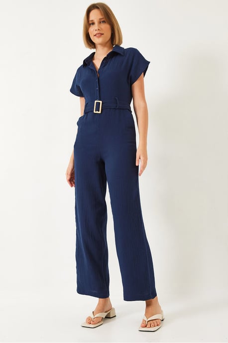 Lange Poplin Jumpsuit met Hemdnek en Knopsluiting - Image 1