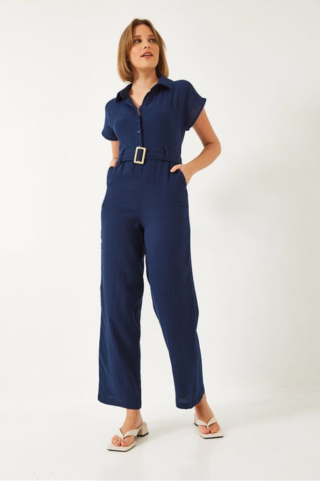 Lange Poplin Jumpsuit met Hemdnek en Knopsluiting - Image 3