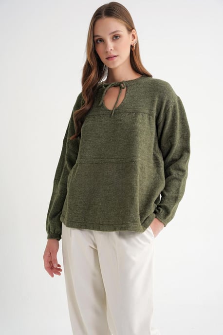 V loose knit sweater met strikdetails - Image 3