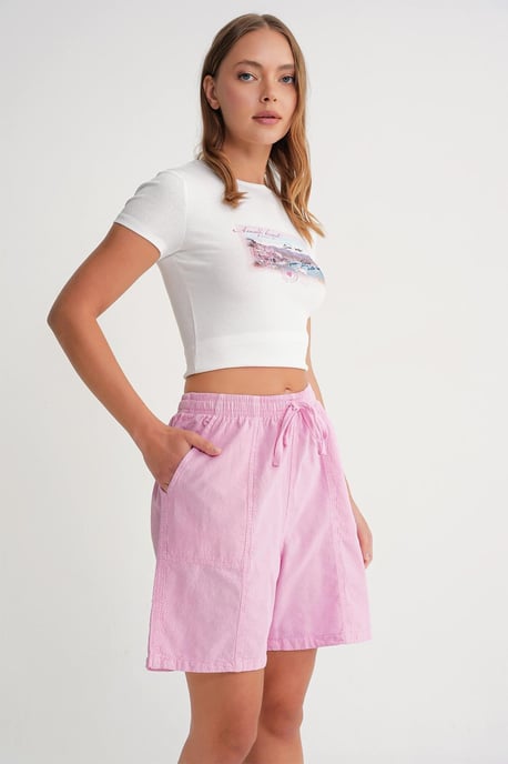 Hoge taille katoenen mini shorts met trekkoord - Image 3