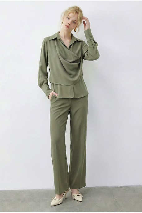 Sjaal Gedetailleerde Blouse en Hoge Taille Wijde Pantalon Tweedelige Set - Image 2