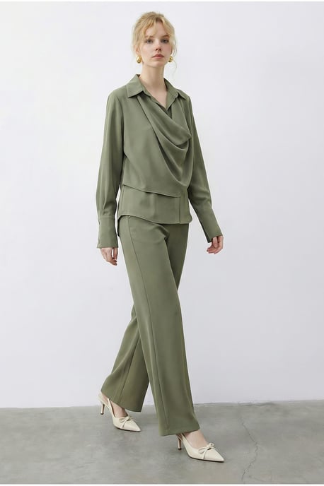 Sjaal Gedetailleerde Blouse en Hoge Taille Wijde Pantalon Tweedelige Set - Image 3