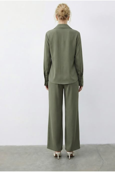 Sjaal Gedetailleerde Blouse en Hoge Taille Wijde Pantalon Tweedelige Set - Image 6