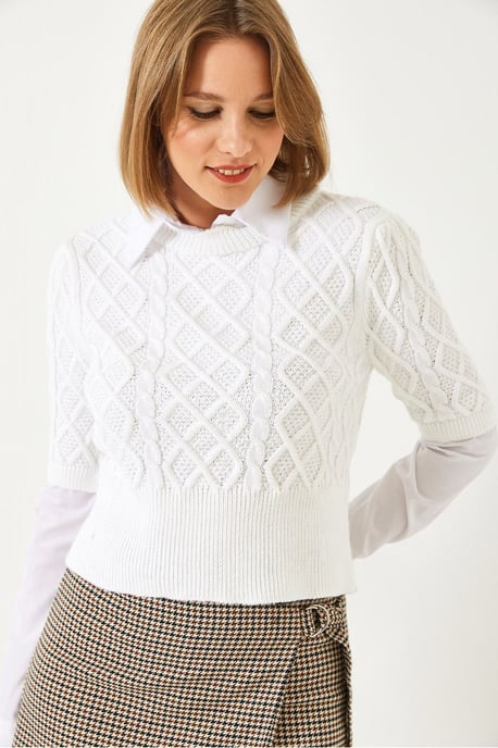 Gebreid Textuur Cropped Trui met Blousekraag - Image 2