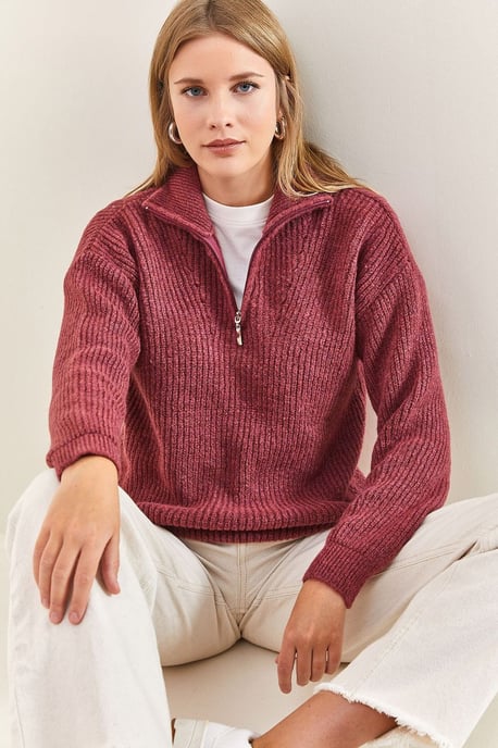 Oversized Textured Knit Trui met Ritskraag - Image 2