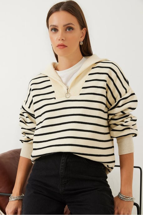 Gestreepte Boxy Crop Trui met Ritskraag - Image 1