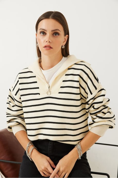 Gestreepte Boxy Crop Trui met Ritskraag - Image 3