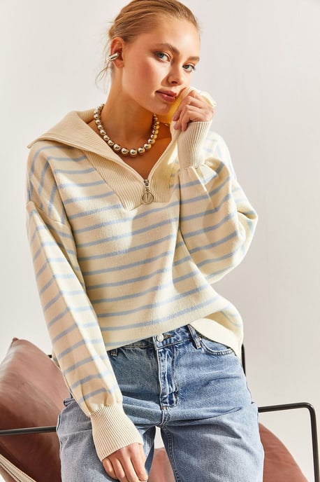 Gestreepte Boxy Crop Trui met Ritskraag - Image 2