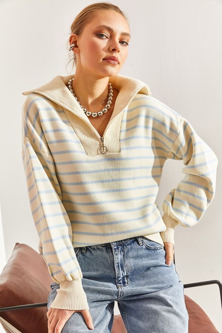 Gestreepte Boxy Crop Trui met Ritskraag - Image 3