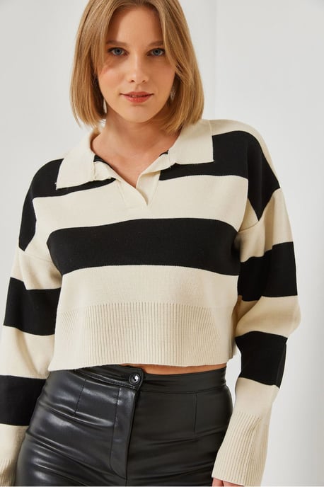 Gestreepte Polo Kraag Ribbelt Crop Trui - Image 1