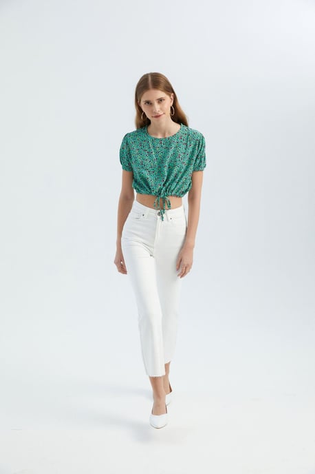 Bloemige Ronde Hals Trekkoord Crop Top - Image 2