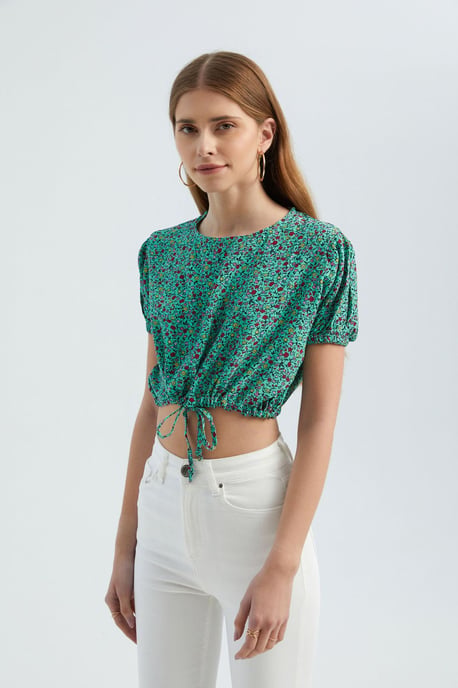 Bloemige Ronde Hals Trekkoord Crop Top - Image 3