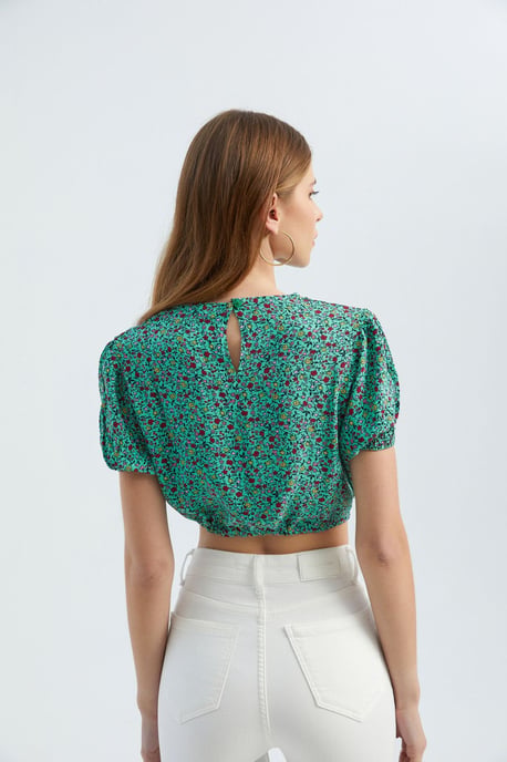 Bloemige Ronde Hals Trekkoord Crop Top - Image 4
