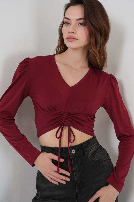 Gestructureerde V-hals Crop Top met Rimpeldetail - Image 1