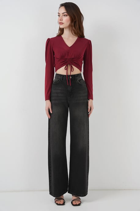 Gestructureerde V-hals Crop Top met Rimpeldetail - Image 2