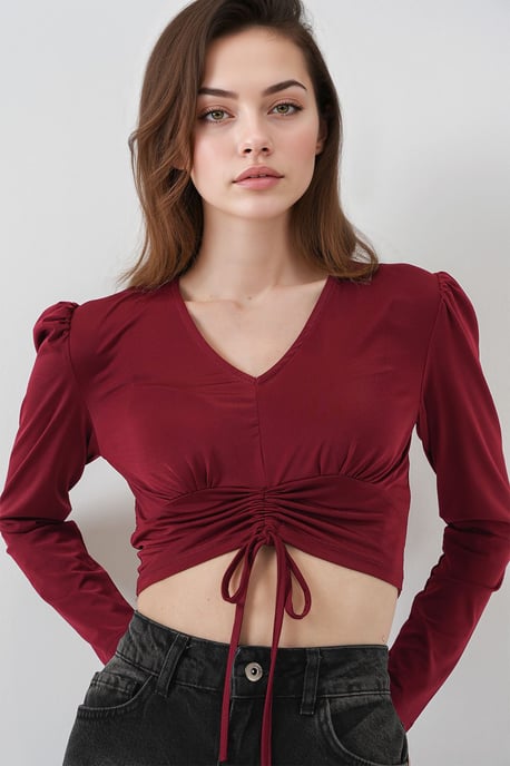 Gestructureerde V-hals Crop Top met Rimpeldetail - Image 3