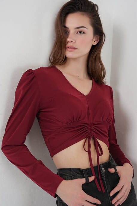 Gestructureerde V-hals Crop Top met Rimpeldetail - Image 4