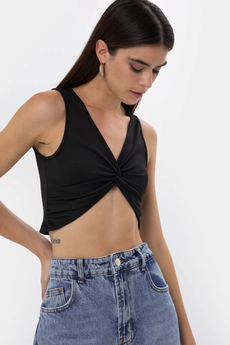 Effen Rib Twist Voorkant Crop Top - Image 2