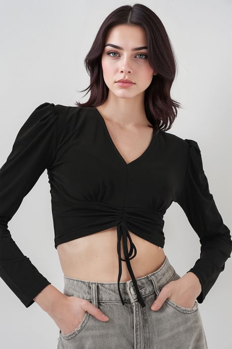 Gestructureerde V-hals Cropped Top met Rimpeldetail - Image 1