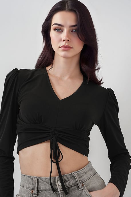 Gestructureerde V-hals Cropped Top met Rimpeldetail - Image 3