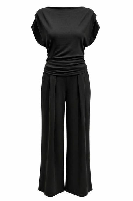 Hoge Taille Wijde Pijpen Brei Co-Ord Set met Boothals - Image 1