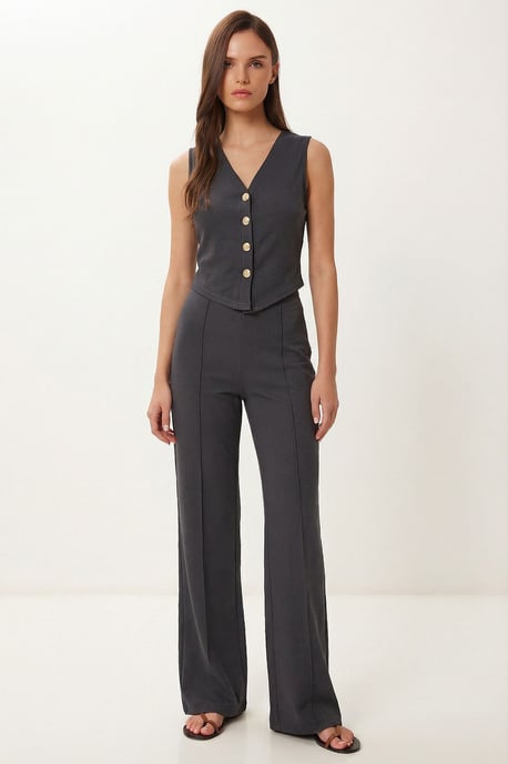 Hoge Taille V-hals Knop-Up Wijd Been Co-ord Set - Image 1