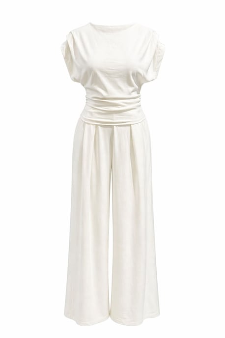 Hoge Taille Wijde Pijpen Brei Co-Ord Set met Boothals - Image 1