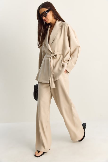 Hoge Taille Strikdetail Sjaalkraag Co-ord Set - Image 3