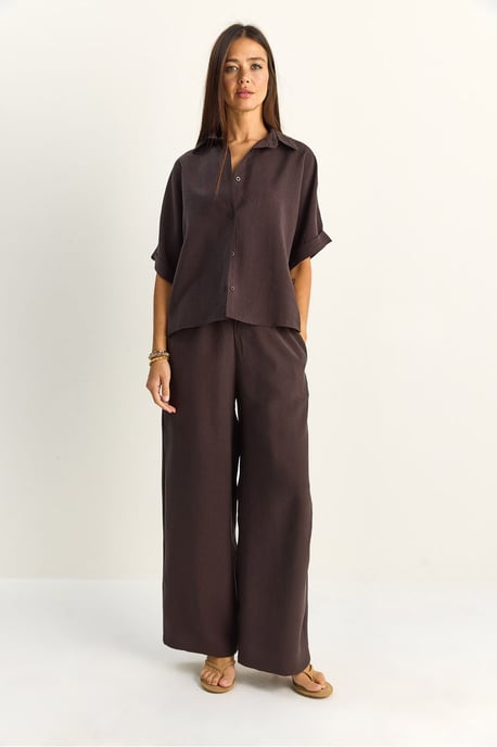 Hoge taille wijde been twee-delige co-ord set met overhemdkraag - Image 2
