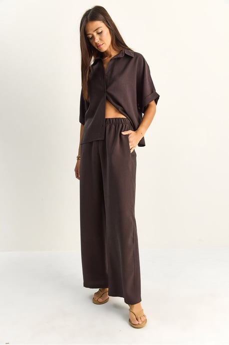 Hoge taille wijde been twee-delige co-ord set met overhemdkraag - Image 5