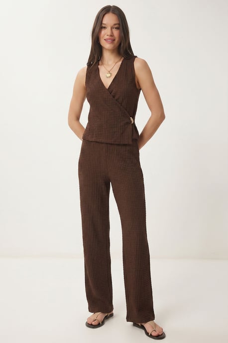 Gestructureerde V-hals Hoge Taille Co-Ord Set met Wijde Pijpenbroek - Image 2