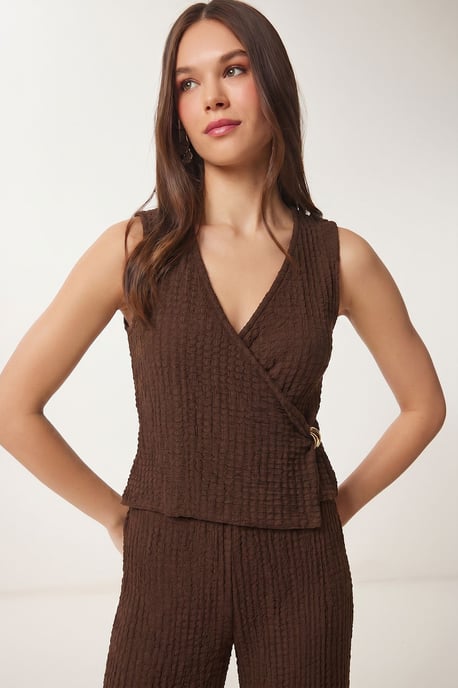 Gestructureerde V-hals Hoge Taille Co-Ord Set met Wijde Pijpenbroek - Image 3